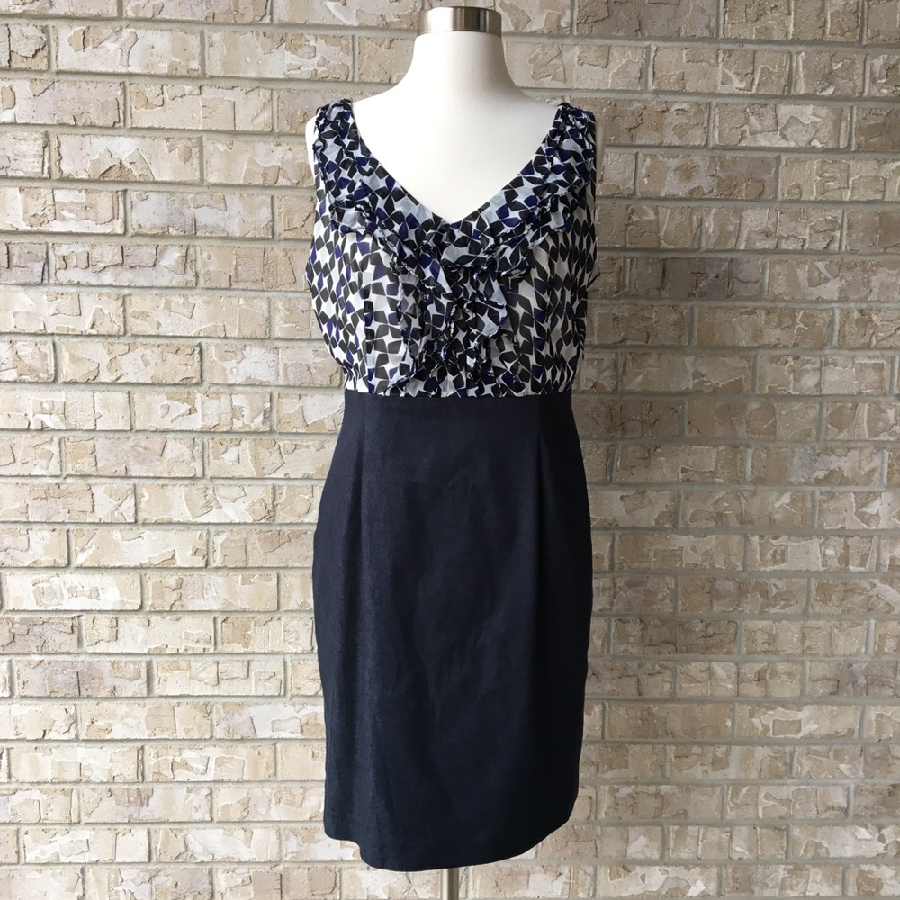 Kay Unger Navy and White Patterned Midi Dress